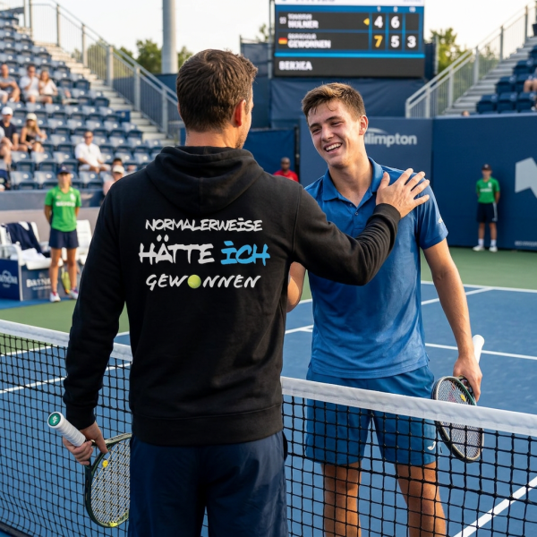 Tennisspieler am Netz mit lustigem Tennis Hoodie